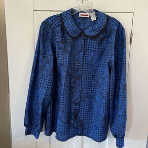 Vintage Ms Bond Size 14 Blue Black Floral Button-Up Blouse Collared Work Office